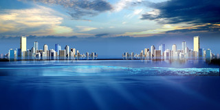 深沉蓝城市建筑海水房地产发布会展板背景